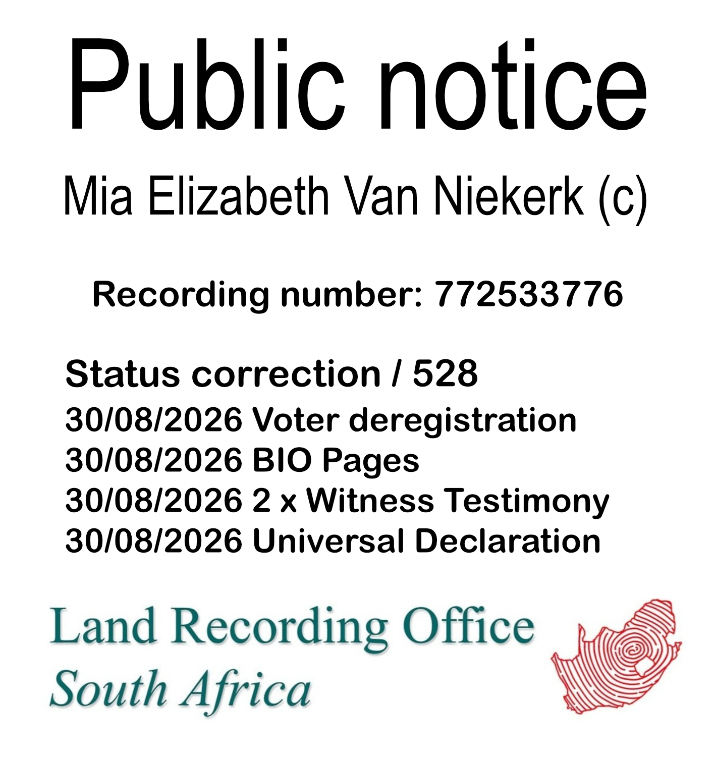 Public notice Mia Elizabeth Van Niekerk Recording number 772533776
